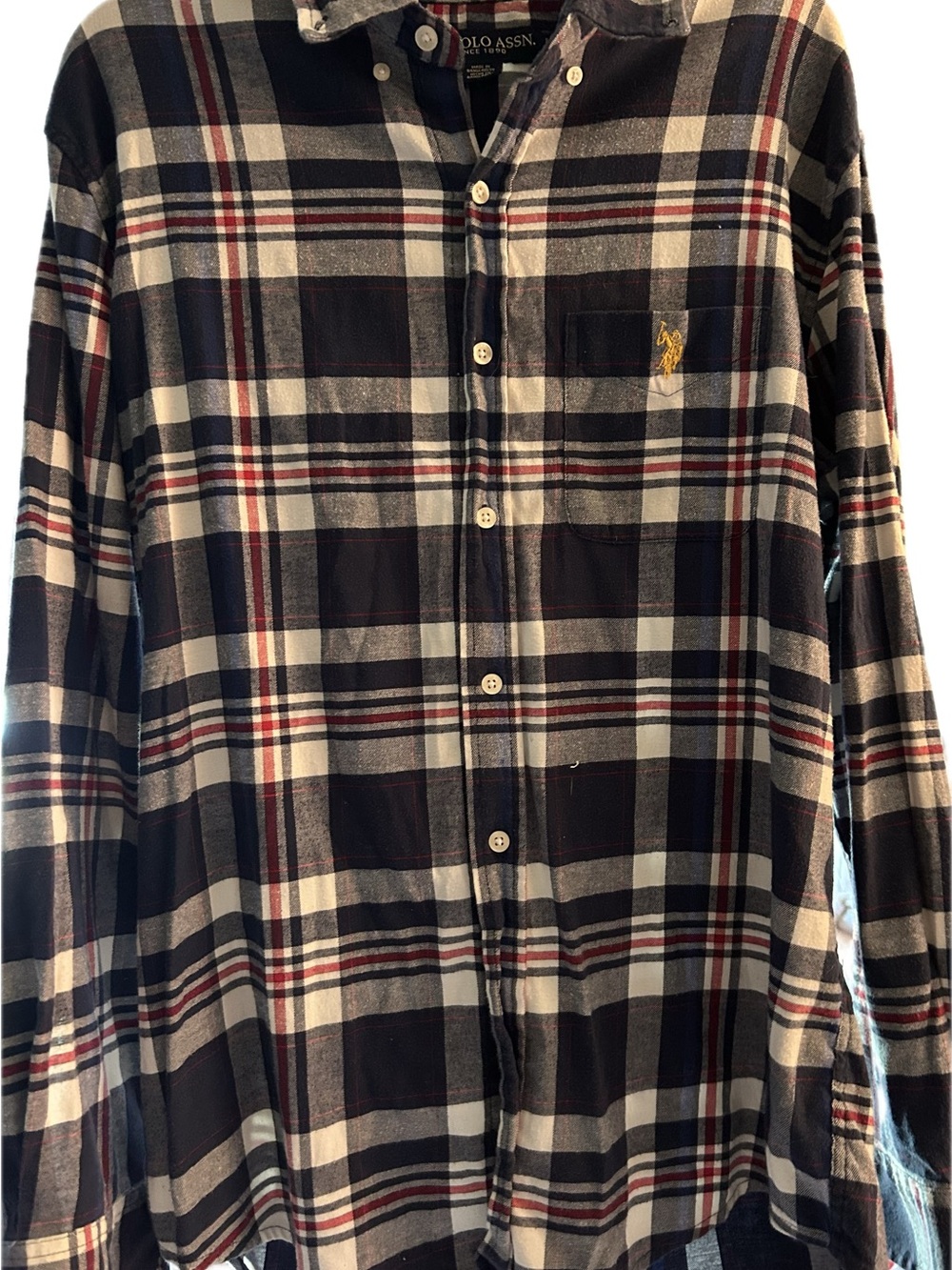 Men’s Navy and White Plaid Button-Up Shirt